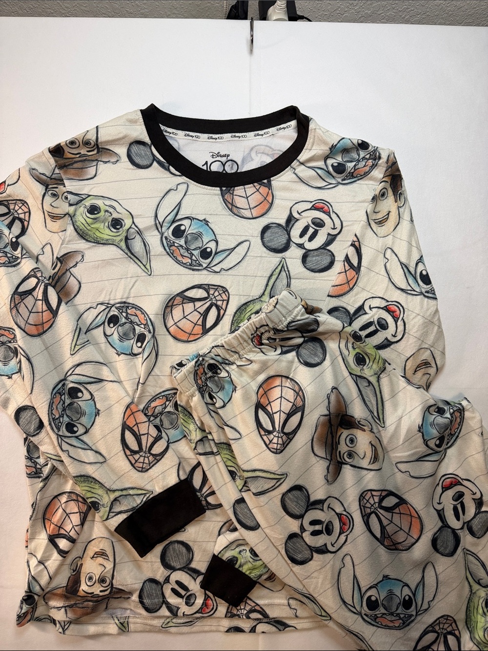 Disney Cream Pajama Set with Black Trim and Multicharacter Print